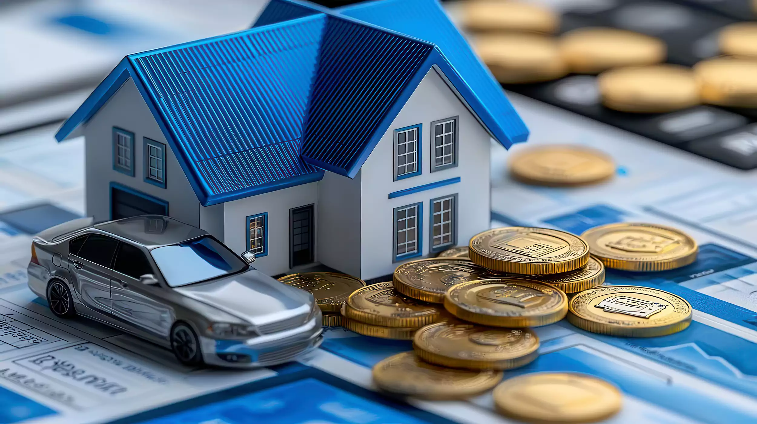 A model house with a car, stacked coins and a calculator on financial documents